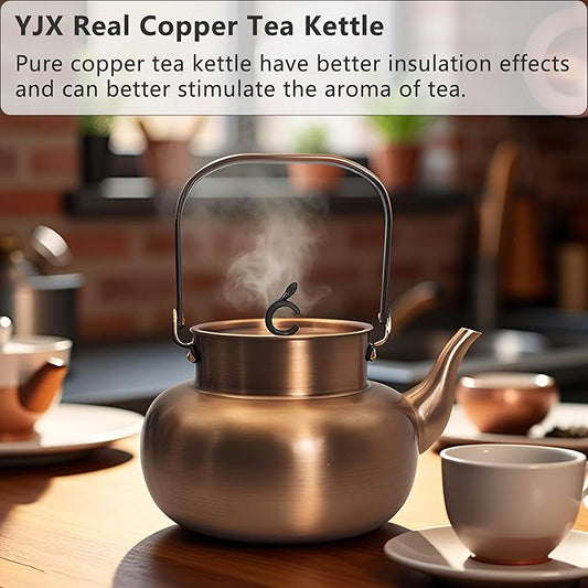 YJX Pure Copper Tea Kettle For Stovetop, Chinese Style Non-Coating Teapot with Stainless Steel Tea Ball For Loose Tea, Solid Tea Pot (1600ml)