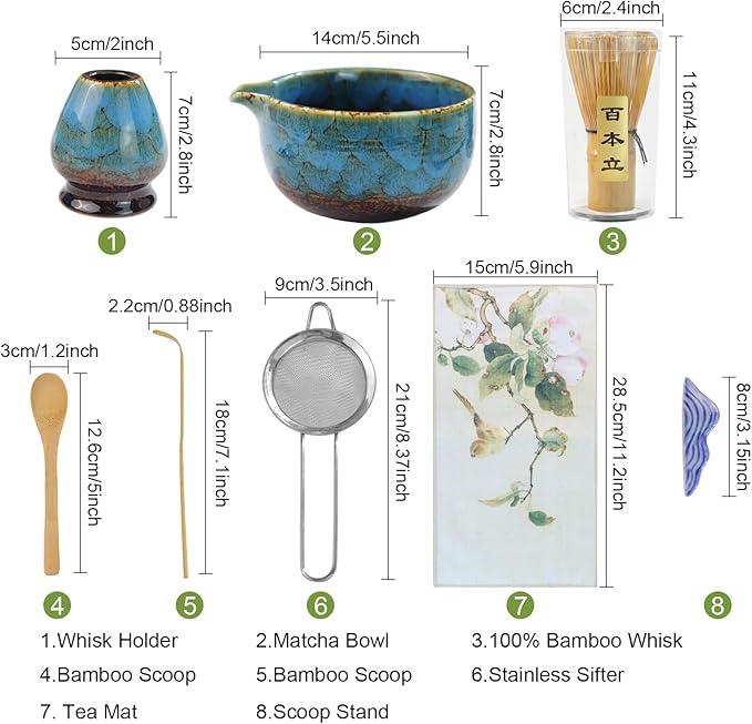 HEYMKGO Matcha Whisk Set 8 Pcs, Sapphire Blue Matcha Bowl with Spout, Bamboo Whisk & Holder, Scoop, Scoop Rest, Sifter, Bamboo Spoon & Tea Towel - Traditional Japanese Matcha Tea Ceremony Kit