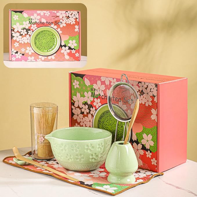 8-Piece Matcha Ceremony Set - Tea Kit with Cherry Blossom Bowl, Bamboo Whisk, Wood Scoops, Tea Cloth