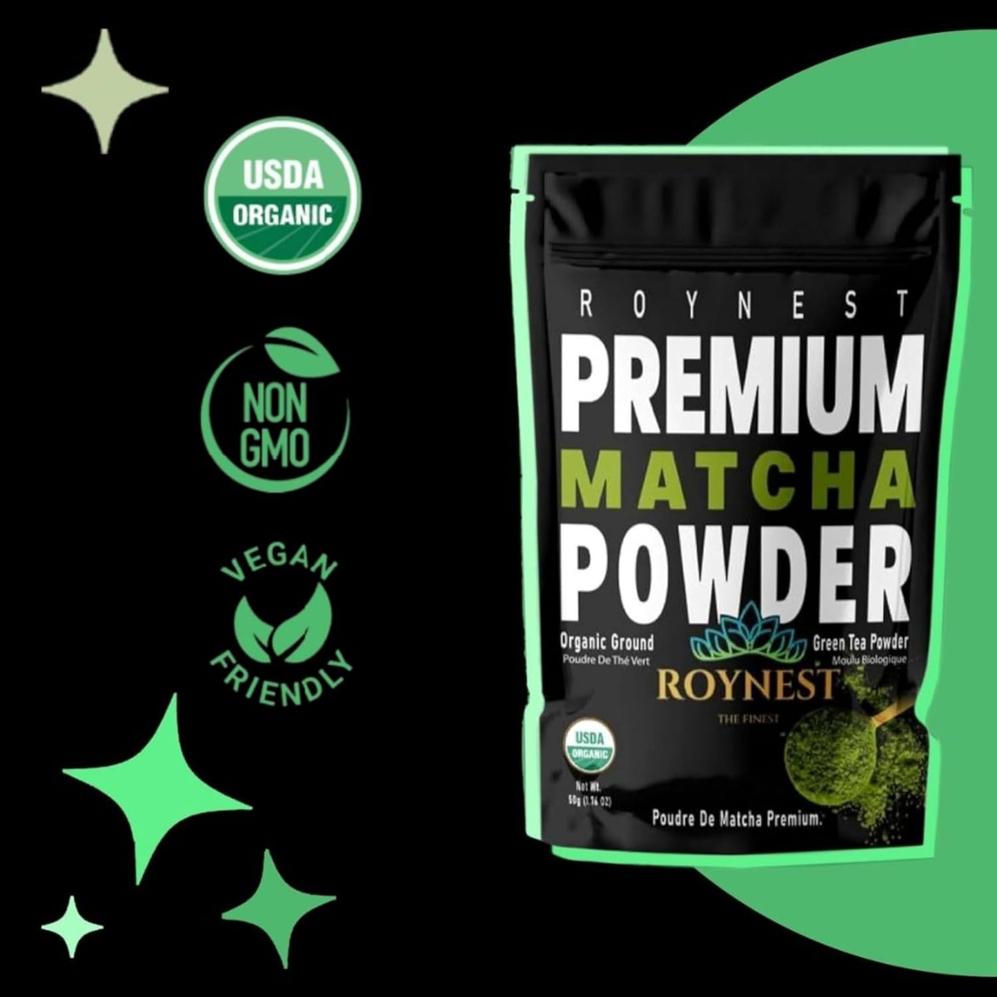 Roynest Premium Certified Organic Matcha Powder – 100% Pure Matcha for Iced Lattes, Smoothies, Cold Drinks & Baking - Clean Energy, Vegan, Non-GMO,- 50g Resealable Pouch