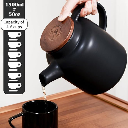 Yundu 1500ml / 50 oz Ceramic Teapot with Infuser & Wood Lid - Matte Black, Loose Leaf Tea Pot with Removable Strainer, Large Capacity