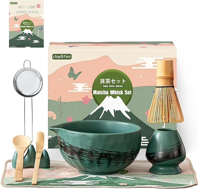 Clay&Fire Matcha Whisk Set,9 Pcs Ceramic Matcha Set, 15 OZ Matcha Bowl with Spout and Whisk,Matcha K