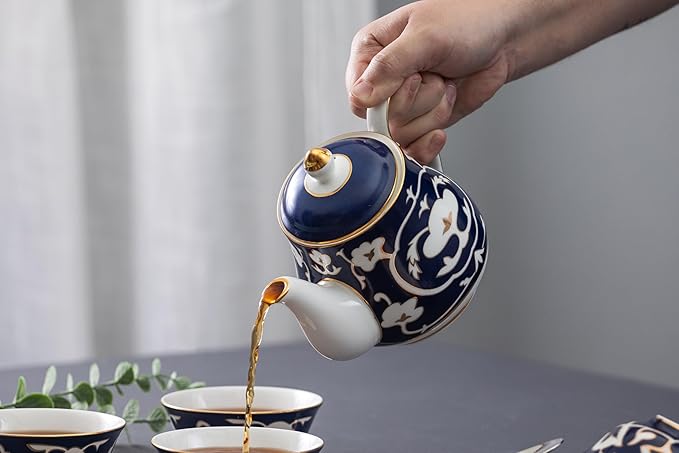 Blue and White Tea Pot - 28 oz. Bone China Teapot with White Vintage Design - Elegant Tea Serving Pot for Kitchen and Gift for Women, Men