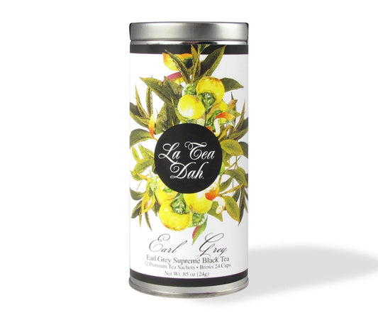 Earl Grey Tea by La Tea Dah, Zesty Gourmet Tea Made with Whole Ceylon Tea Leaves, Bergamot, & Orange Peel, Blended in the USA and Packaged for Gifting, Caffeinated (12 Sachets)