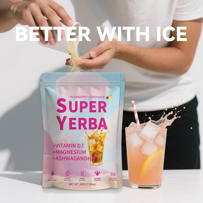 Super Yerba, 3-in-1 Formula with Low Sugar,Yerba Mate Instant Tea Powder,Clean Energy Drink,Raspberry Lemonade Flavor
