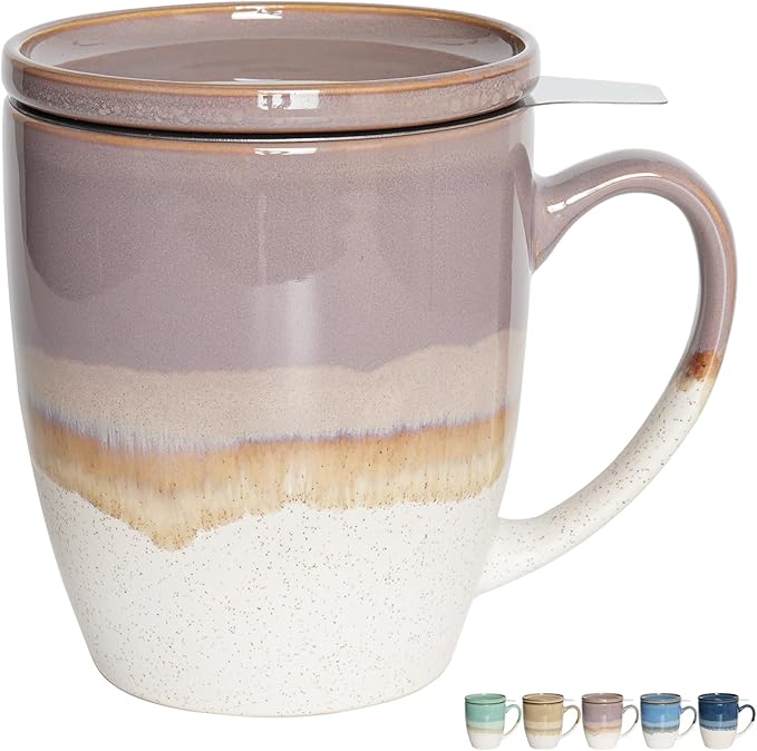 Bosmarlin Ceramic Tea Cup with Infuser and Lid, 16 Oz, 5 Colors to Choose, Dishwasher and Microwave