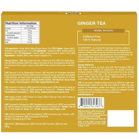 HANDPICK, Ginger Tea Bags (100 Herbal Tea Bags), Authentic Indian Origin, Caffeine Free & 100% Pure Ginger Root |Soothing & Spicy Blend | Round Eco Conscious Teabags