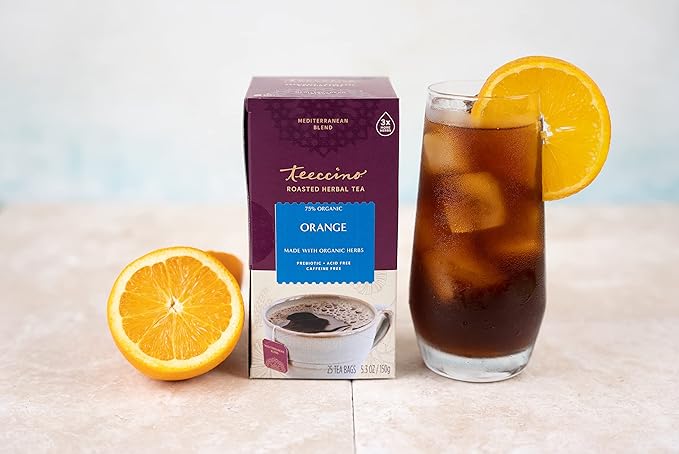 Teeccino Orange Herbal Tea - Enjoy Hot or Iced Tea Made with Roasted Chicory, Carob & Barley, Prebiotic, Caffeine Free, Acid Free, 25 Tea Bags