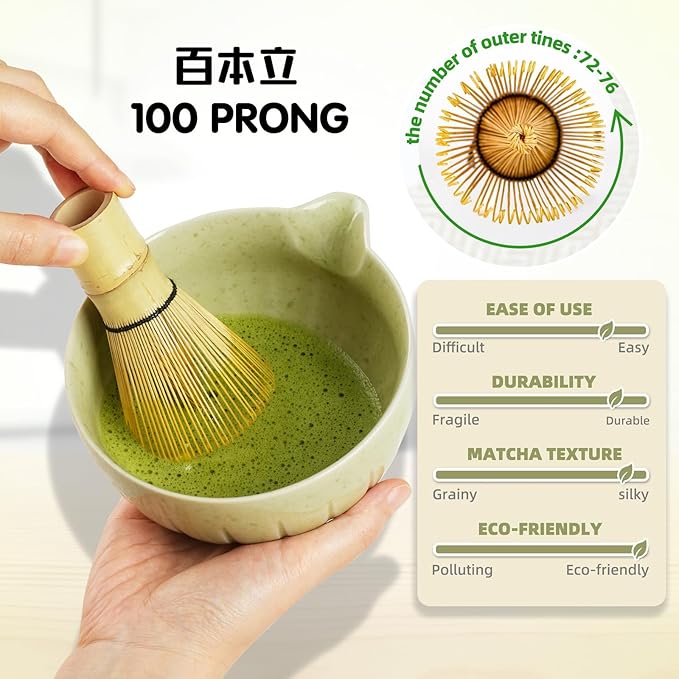 Matcha Whisk Set - 5PCS Japanese Tea Set Includes Matcha Bowl with Spout, Bamboo Whisk with Ceramic Holder, Bamboo Scoop and Sifter, Matcha Kit for Ceremony, Gift for Family/Friend (Green/5PC)