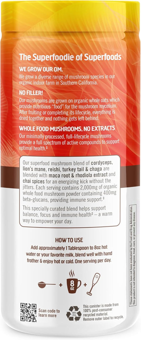OM MUSHROOM SUPERFOOD Morning Energy Blend – Caffeine-Free Powder with Cordyceps, Lion’s Mane, Rhodiola & Vitamin D2 – Supports Energy, Focus & Endurance – 8.47 oz Canister (30 Servings)