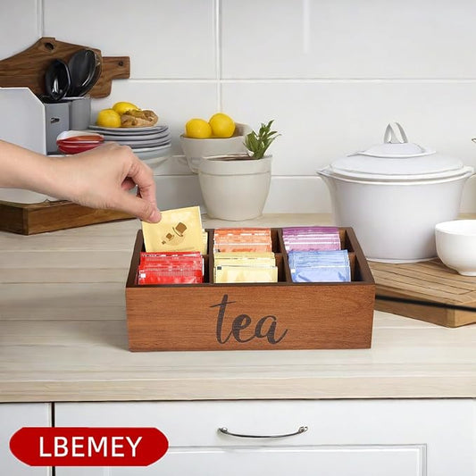 Tea Bag Organizer,Acacia Wood Tea Storage Containers with 6 Compartments, Sugar Packet Holder,Tea Bag Caddy Box for Cabinet Countertop Office (Brown-Labeled "Tea")