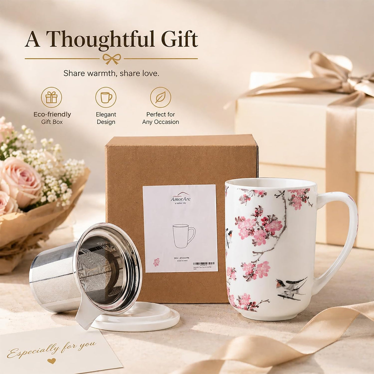 AmorArc Tea Cup With Infuser and Lid, 18oz Loose Leaf Tea Mug With Steeper