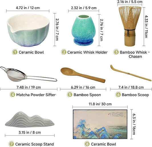 Matcha Whisk Set with Ceramic Bowl - Bamboo Whisk (Chasen), Scoop, Sifter & Holder - Complete Kit for Traditional Matcha Tea