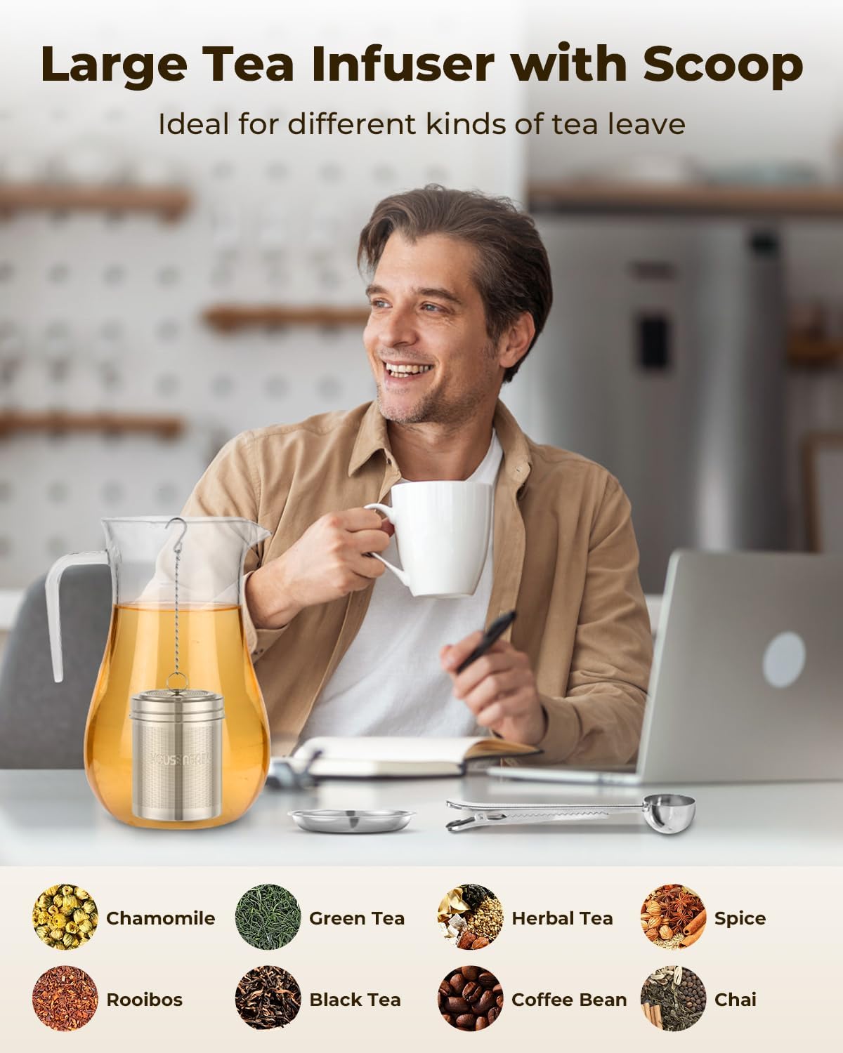 HOUSE AGAIN Large Tea Infuser, Extra Fine Mesh Tea Strainers for Loose Tea, 18/8 Stainless Steel Tea Strainer with Extended Chain Hook, Tea Steeper for Brew Tea, Spices & Seasonings for Multi Cups