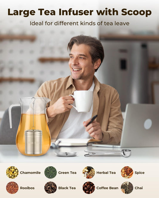 HOUSE AGAIN Tea Infuser (2 Pack, Large + Small), Extra Fine Mesh Tea Strainers for Loose Tea, 18/8 Stainless Steel Tea Strainer with Extended Chain Hook, Tea Steeper