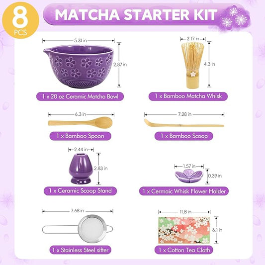 8 PCS Matcha Whisk Set - Japanese Matcha Bowl Tea Making Tools Bamboo Whisk Kit Traditional Handcrafted Tea Ceremony Tools Gifts for Matcha Lovers and Beigners