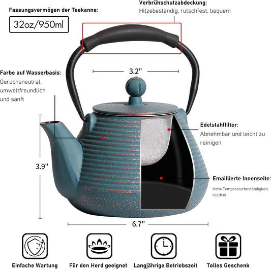 Cast Iron Teapot, 33oz Tea Kettle Stovetop Safe with Infuser for Tea & Coffee, Hand made Japanese Tea Pot Coated with Enameled Interior, Silicone Handle, 950ml Blue
