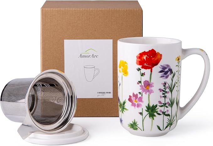 AmorArc Porcelain Tea Mug with Infuser and Lids, 18 Oz Coffee Cup Strainer with Bag Holder for Loose Leaf Tea