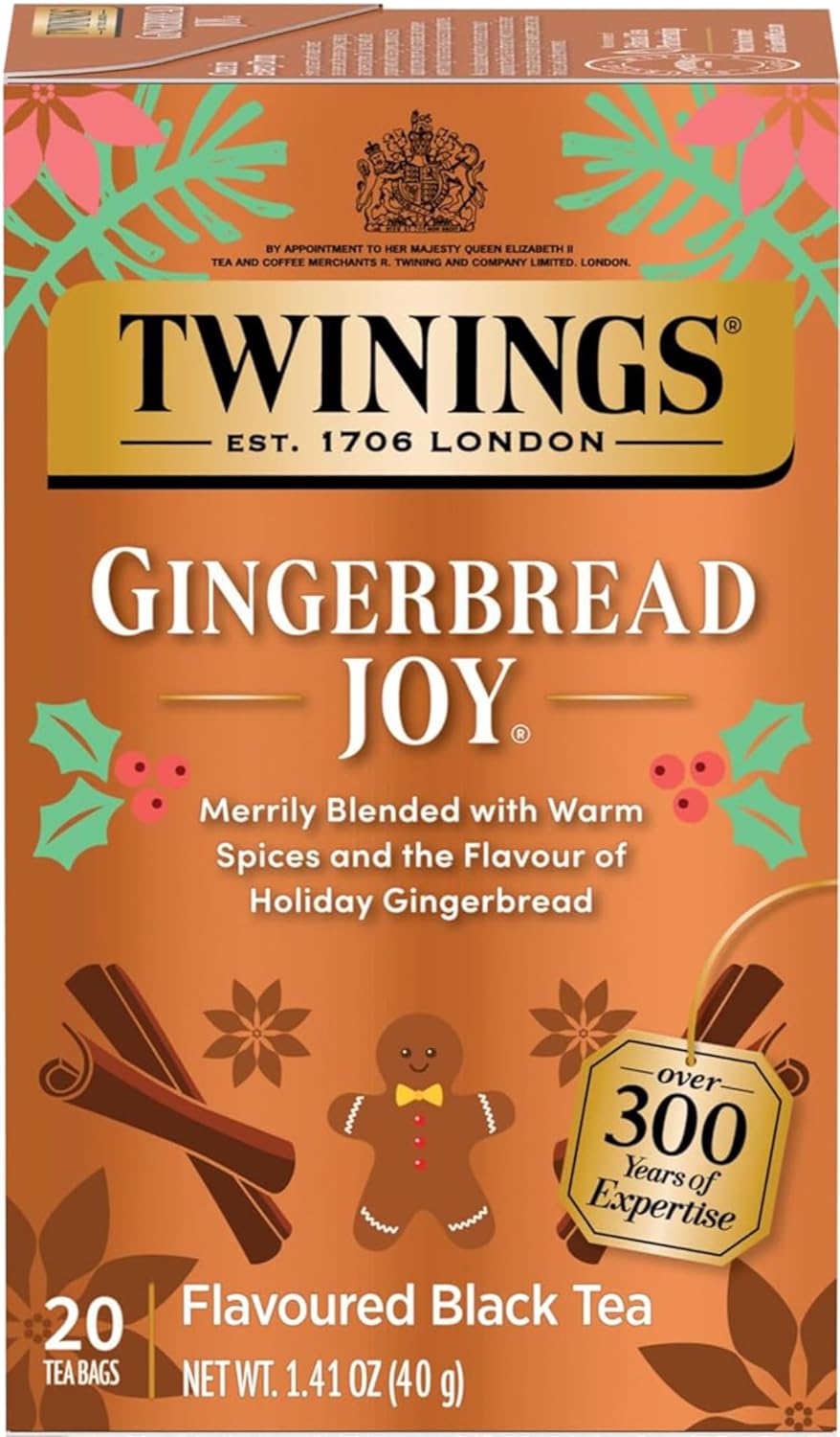 Twinings Gingerbread Joy Holiday Tea, Black Tea Naturally Flavored with Cinnamon and Ginger, Tea Bags Individually Wrapped, 20 Count Ea (Pack of 2)