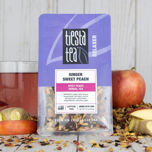 Tiesta Tea - Ginger Sweet Peach, Loose Leaf, Spicy Peach Herbal Tea | Non-Caffeinated Tranquility Blend, Bulk Herbal Leaves with Hibiscus & Cane Sugar, 25 Cups, 2.2 Ounce Resealable Pouch
