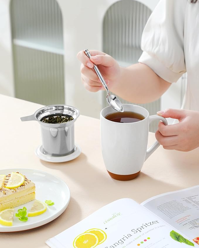 Malacasa Ceramic Tea Mug with Lid and Stainless Steel Infuser, 18 oz Large Tea Cup for Loose Leaf Tea, Heat-Resistant, Microwave & Dishwasher Safe