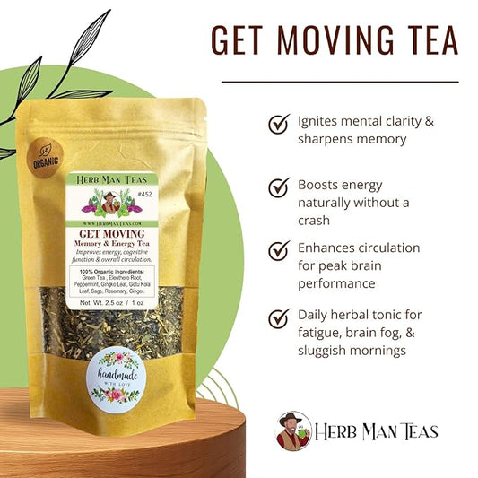 MEMORY & ENERGY TEA – Focus & Clarity Blend with Ginkgo Biloba, Brahmi & Green Tea – Organic, Non-GMO – Formulated by Master Herbalist Khabir