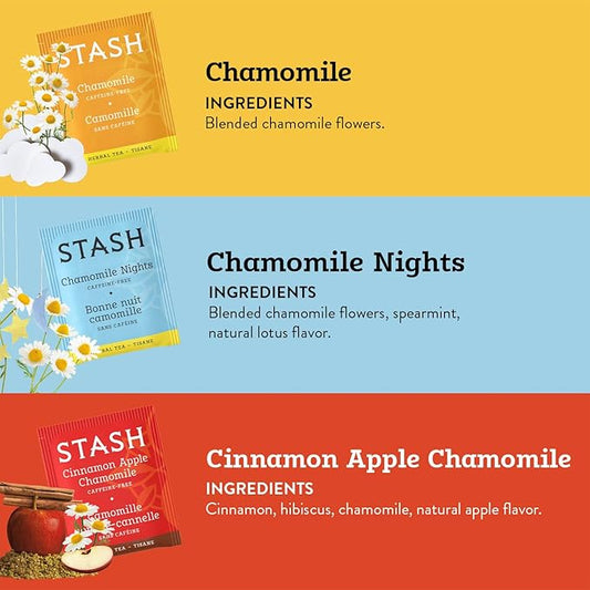 Stash Tea Sweet Dreams Chamomile Tea Sampler - Assortment of Non-Caffeinated Herbal Teas with No Artificial Ingredients, 18-20 Count (Pack of 3)