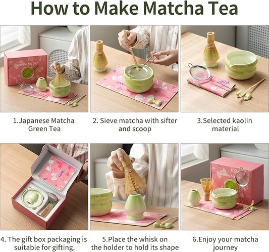 Matcha Kit 7-Pcs matcha whisk set, Measuring Spoon, Japanese Tea Making Tools,Cha, tea bowl, pink matcha set (light green)