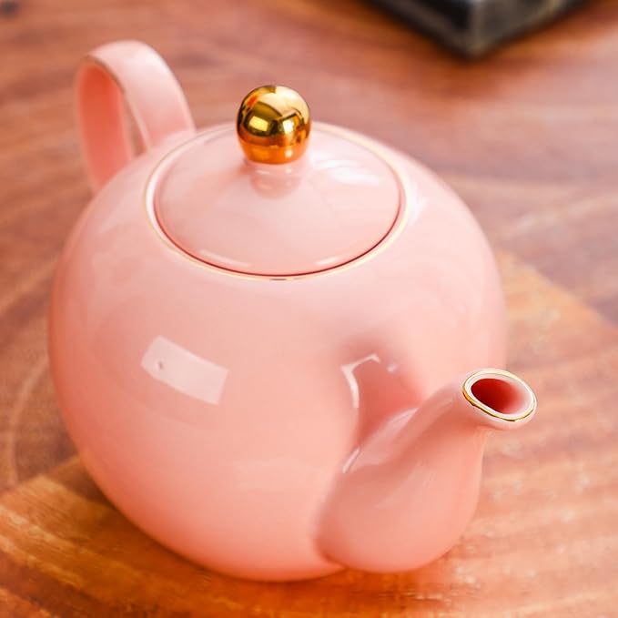 30oz Pink Porcelain Teapot, Blush Ceramic Teapot with Gold Trim, Romantic Teapot for Loose Leaf Tea, Tea Parties Gifts