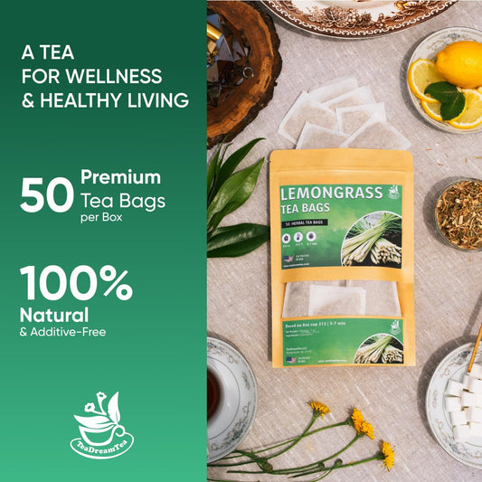 Lemongrass Tea Bags - 50 Bags (Premium Natural Pure Leaf Tea - 50 Count) Gluten-Free and Caffeine-Free Herbal tea for Relaxation, Wallness, Immune Support with Smooth Taste