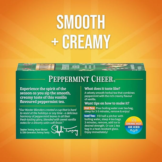 Twinings Peppermint Cheer Herbal Tea Individually Wrapped Bags, 20 Count (Pack of 2), Peppermint & Vanilla, Naturally Caffeine-Free, Enjoy Hot or Iced, 20 Teabags