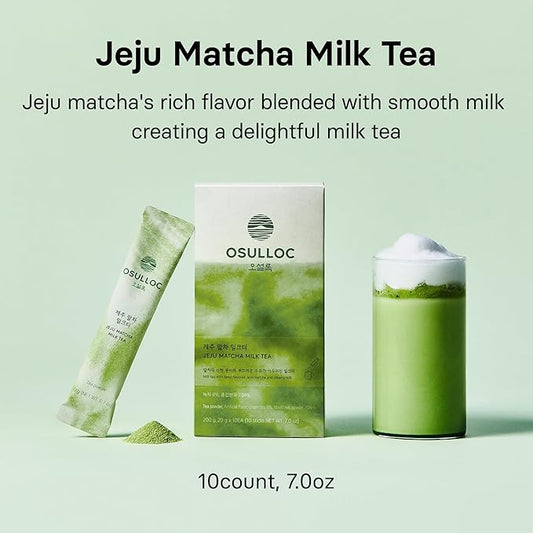 OSULLOC Jeju Matcha Milk Tea (7oz X 10 Packets), Easy on-the-go Stick type Powder Blended tea, Deep flavored matcha & creamy milk