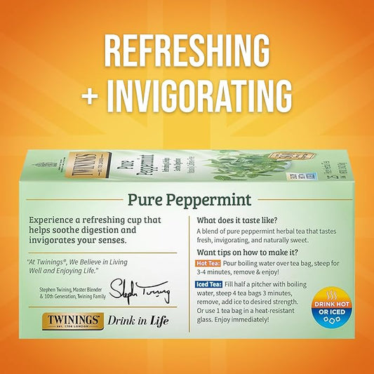 Twinings Pure Peppermint Herbal Tea Individually Wrapped Bags, 25 Count (Pack of 6), Fresh Minty Flavour, Naturally Caffeine-Free, Enjoy Hot or Iced, 150 Teabags