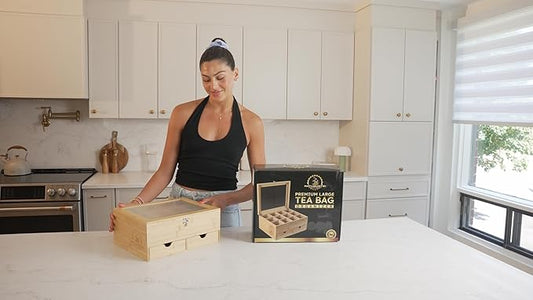 Naturustic Large Bamboo Tea Bag Box Organizer Storage Box, Tea Bag Holder with 2 Drawers & 12 compartments with acrylic Window, Caja de te, Caddy para te Ideal Christmas Gifts