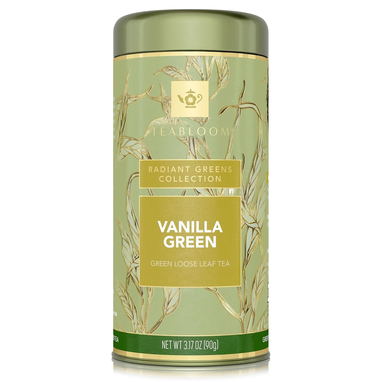 Teabloom Kosher Certified Vanilla Green Tea, Loose Leaf Tea Blend in Reusable Gift Canister, 3.17 oz/90 g Canister Makes 35-50 Cups