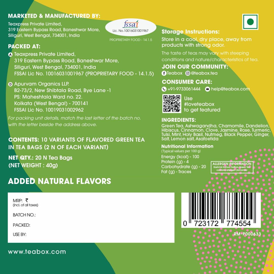 Teabox Green Tea Sampler Bags | 100% Natural I Immunity Boosting Sampler Pack | USDA Certified Organic Green Tea (20 Count (Pack of 1))