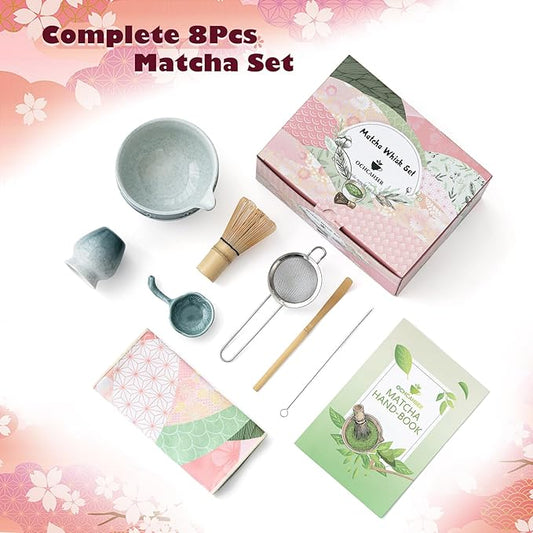 Matcha Tea Set, 8 Pcs Japanese Matcha Kit with Cherry Blossom and Wave Design Ceramic Bowl, Bamboo Whisk, Whisk Holder, Scoop, Sifter, Brush, Matcha Kit Set for Matcha Lovers (Blue Gradient)