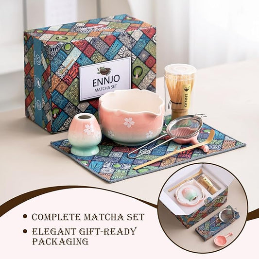 7 Pcs Matcha Whisk Set, Ceramic Matcha Bowl with Spout, Bamboo Whisk And Scoop, Stainless Steel Sifter, Ceramic Holder And Rest, Tea Towel. Full Matcha Kit Gift for Tea Lovers