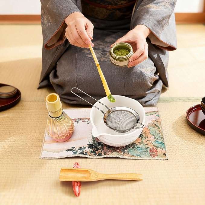 8 Pack Matcha Whisk Set, Japanese Matcha Tea Set, Ceramic Mixing Bowl with Spout, Bamboo Measuring Spoon and Scoop Stand, Towel, Whisk Holder