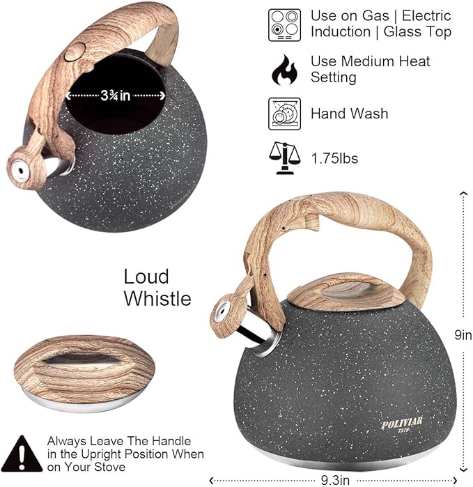 Poliviar Tea Kettle, 2.7 Quart Natural Stone Finish with Wood Pattern Handle Loud Whistle Food Grade Stainless Steel Teapot
