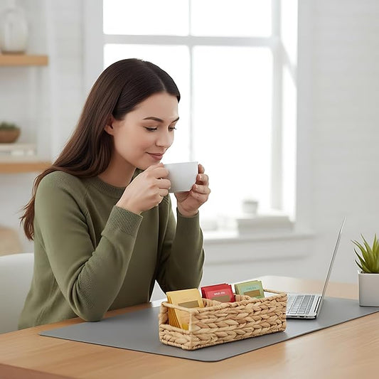 Triluxe Wicker Tea Bag Organizer, 3-Compartment Water Hyacinth Tea Holder for Countertop, Compact Tea Caddy & Sugar Packet Holder for Tea Station