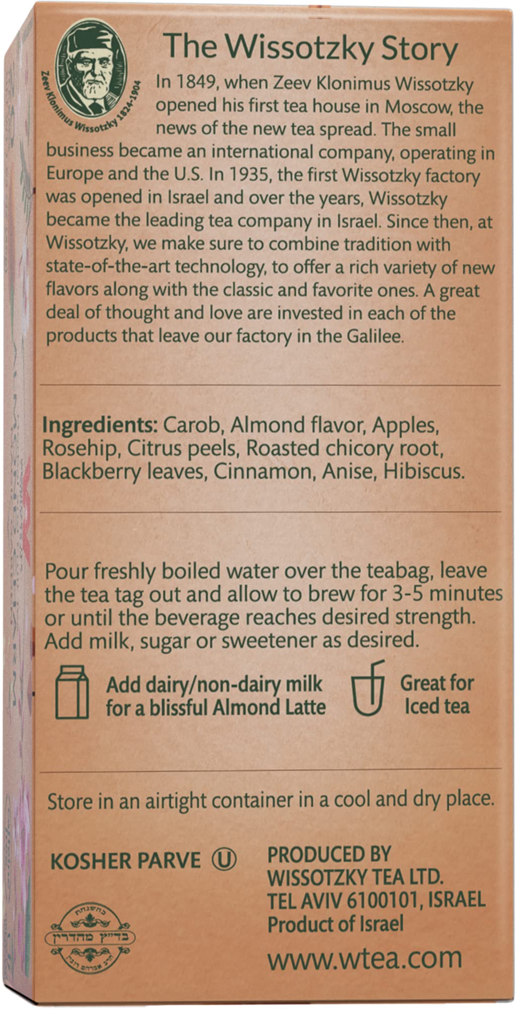 Wissotzky Almond Charm Tea Bags (4 Pack - 20 bags each) Caffeine Free, Infused With Premium Fruit & Herbal Tea Leaves “AKA