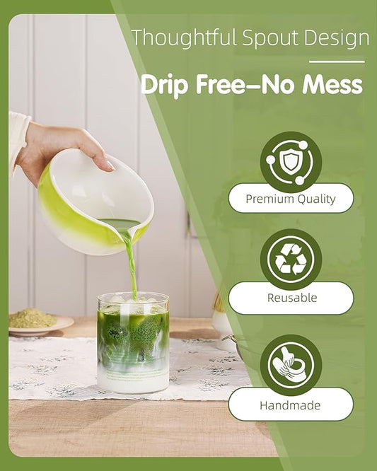 ZENS Matcha Whisk Set, 6pcs Matcha Kit Includes Ceramic Bowl, Handcrafted Bamboo Whisk and Chasen Holder, Scoop, 304 Sifter & Tea Mat,Matcha Set for Tea Ceremony,Latte Making, Green