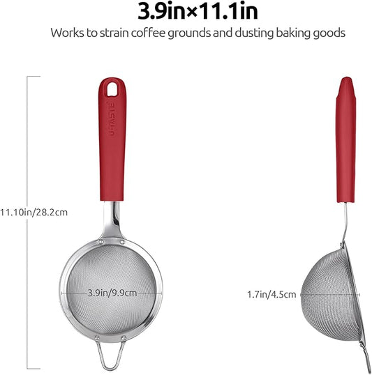 18/8 Stainless Steel Mesh Strainer: U-Taste 3.9 Inch Kitchen Fine Mesh Sieve Food Colander with Riveted Sturdy Silicone Handle and 30 Mesh Hole for Straining Flour, Quinoa, Tea, Juice (Red)