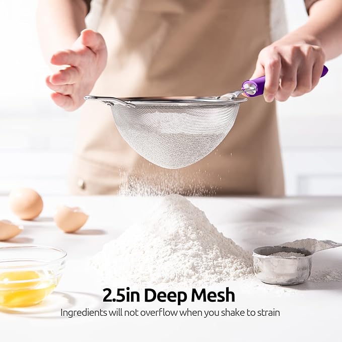 18/8 Stainless Steel Mesh Strainer: U-Taste 5.5 Inch Kitchen Fine Mesh Sieve Food Colander with Riveted Sturdy Silicone Handle and 30 Mesh Hole for Straining Flour, Pasta, Fruit, Quinoa (Purple)