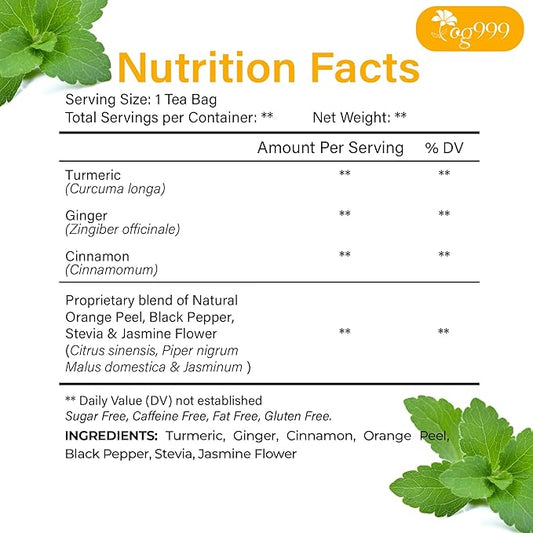 TOG999, 20 Tea Bags of Ginger, Turmeric and Cinnamon, Upgraded Version, 100% Natural, Hand-made Blend of Ginger, Turmeric, Cinnamon, Orange Peel, Black Pepper, Stevia Leaves, Jasmine. No Sugar, Vegan.