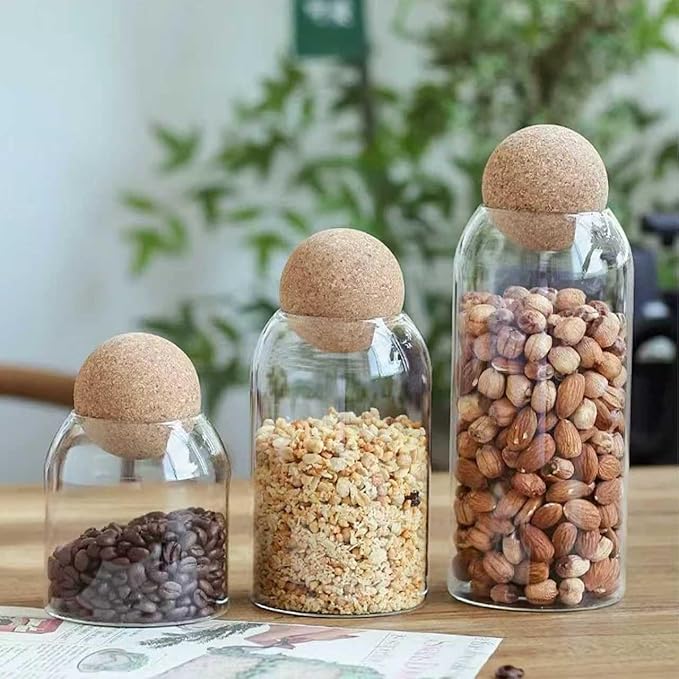 3 Pcs Glass Storage Jars with Ball Cork Lids – Clear Glass Canisters with Wooden Clips, Labels & Marker