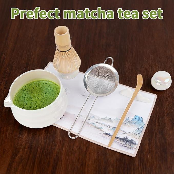 Matcha Whisk Set,Ceramic Matcha Set,Bowl With Spout, Powder Starter Sifter, Ceramic Whisk Holder, 8 pcs Matcha Tea Kit for Matcha Lovers