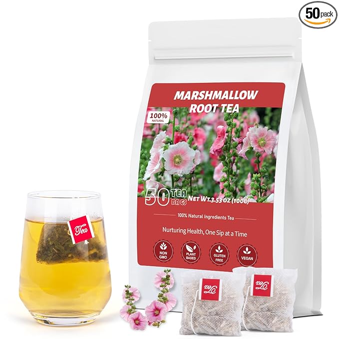 100% Natural Marshmallow Root Tea | 50 bags of caffeine-free tea bags | Soothes The Throat/Nourishes The Digestive System | Vegetarian, Gluten-free, Non-GMO