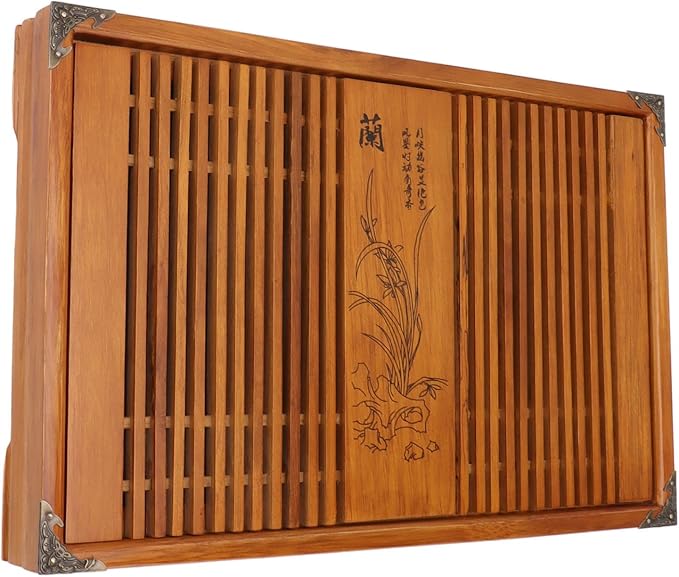 Gongfu Tea Tray, 11.0 X 16.9in Drainage Water Storage Orchid Pattern Wooden Tea Serving Tray, Tea Table Box with Drain Pipe (Light Black Orchid)